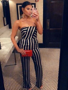Reiss Black and White Strapless Vertical-Strip Jumpsuit
